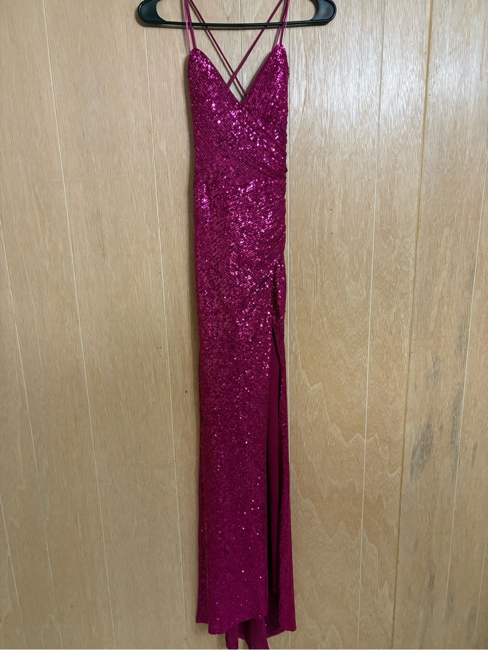 David's Bridal Fuchsia Sequin Spaghetti-Strap Maxi Dress